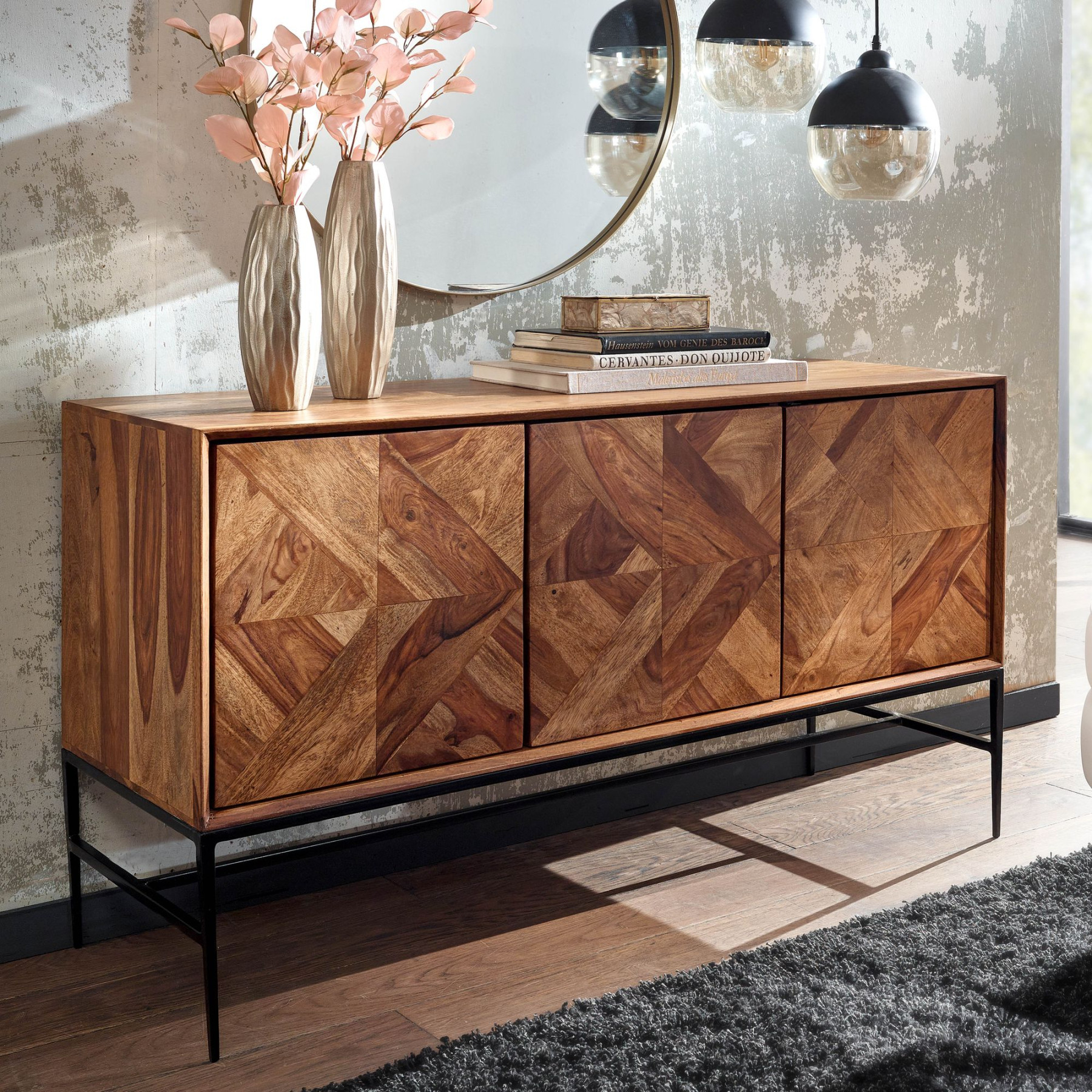 FineBuy Sideboard xx cm Sheesham Massivholz / Metall