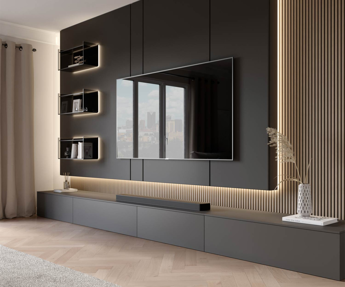 Modern design wall unit with TV panel and glass shelf