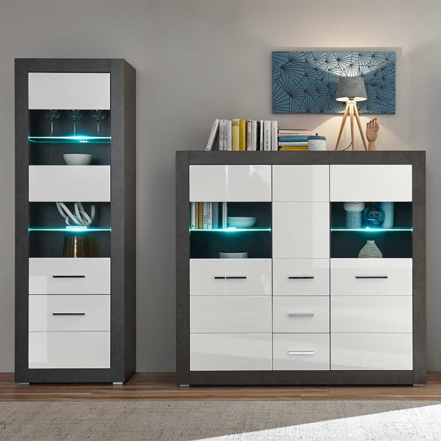 Wohnzimmer Schrank Set modern in Weiß Hochglanz & Grau - Istensa I